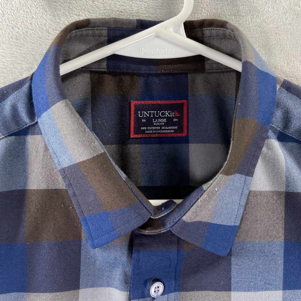 UNTUCKit Shirt men's Large Button Up Flannel Lightweight Slim Fit Blue Plaid - Picture 4 of 13